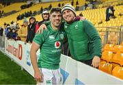 12 July 2022; Jimmy O’Brien of Ireland celebrates with his friend, Niall Delahunt, from Kildare, after the match between the Maori All Blacks and Ireland at the Sky Stadium in Wellington, New Zealand. Photo by Brendan Moran/Sportsfile