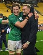 12 July 2022; Ireland players Cian Prendergast, left, and Kieran Treadwell celebrate after the match between the Maori All Blacks and Ireland at the Sky Stadium in Wellington, New Zealand. Photo by Brendan Moran/Sportsfile
