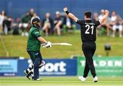 12 July 2022; Matt Henry of New Zealand celebrates taking the wicket of Paul Stirling of Ireland during the Men's One Day International match between Ireland and New Zealand at Malahide Cricket Club in Dublin. Photo by Harry Murphy/Sportsfile