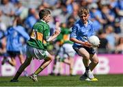 10 July 2022; David Roche, St. Brigid's N.S., Station Road, Bagenalstown, Carlow, representing Dublin in action against Eoin Holland, Clondrohid N.S., Garranenagappul, Macroom, Cork, representing Kerry during the INTO Cumann na mBunscol GAA Respect Exhibition Go Games at the GAA Football All-Ireland Senior Championship Semi-Final match between Dublin and Kerry at Croke Park in Dublin. Photo by Piaras Ó Mídheach/Sportsfile