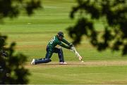 12 July 2022; Curtis Campher of Ireland bats during the Men's One Day International match between Ireland and New Zealand at Malahide Cricket Club in Dublin. Photo by Harry Murphy/Sportsfile