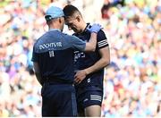 10 July 2022; Dublin goalkeeper Evan Comerford receives medical attention for an injury before saving a penalty from Seán O'Shea of Kerry during the GAA Football All-Ireland Senior Championship Semi-Final match between Dublin and Kerry at Croke Park in Dublin. Photo by Piaras Ó Mídheach/Sportsfile