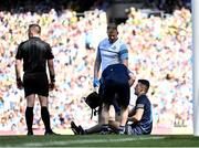 10 July 2022; Dublin goalkeeper Evan Comerford receives medical attention for an injury before saving a penalty from Seán O'Shea of Kerry during the GAA Football All-Ireland Senior Championship Semi-Final match between Dublin and Kerry at Croke Park in Dublin. Photo by Piaras Ó Mídheach/Sportsfile