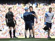 10 July 2022; Dublin goalkeeper Evan Comerford receives medical attention for an injury before saving a penalty from Seán O'Shea of Kerry during the GAA Football All-Ireland Senior Championship Semi-Final match between Dublin and Kerry at Croke Park in Dublin. Photo by Piaras Ó Mídheach/Sportsfile