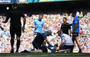 10 July 2022; Dublin goalkeeper Evan Comerford receives medical attention for an injury during the GAA Football All-Ireland Senior Championship Semi-Final match between Dublin and Kerry at Croke Park in Dublin. Photo by Piaras Ó Mídheach/Sportsfile