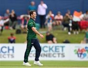 12 July 2022; Curtis Campher of Ireland after taking the wicket of Finn Allen of New Zealand, not pictured, during the Men's One Day International match between Ireland and New Zealand at Malahide Cricket Club in Dublin. Photo by Harry Murphy/Sportsfile