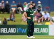 12 July 2022; Curtis Campher of Ireland reacts during the Men's One Day International match between Ireland and New Zealand at Malahide Cricket Club in Dublin. Photo by Harry Murphy/Sportsfile
