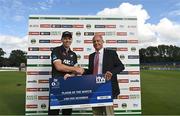 12 July 2022; Michael Bracewell of New Zealand is presented the Player of the Match by Cricket Ireland CEO Warren Deutrom during the Men's One Day International match between Ireland and New Zealand at Malahide Cricket Club in Dublin. Photo by Harry Murphy/Sportsfile