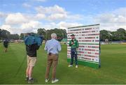 12 July 2022; Ireland captain Andrew Balbirnie is interviewed after his side's defeat in the Men's One Day International match between Ireland and New Zealand at Malahide Cricket Club in Dublin. Photo by Harry Murphy/Sportsfile