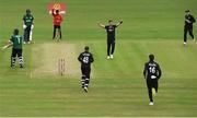 12 July 2022; Matt Henry of New Zealand, third right, celebrates the wicket of Paul Stirling of Ireland during the Men's One Day International match between Ireland and New Zealand at Malahide Cricket Club in Dublin. Photo by Harry Murphy/Sportsfile