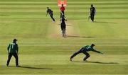 12 July 2022; Michael Bracewell of New Zealand, 4, slips a shot past Ireland wicketkeeper Lorcan Tucker during the Men's One Day International match between Ireland and New Zealand at Malahide Cricket Club in Dublin. Photo by Harry Murphy/Sportsfile