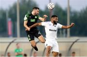 12 July 2022; Roberto Lopes of Shamrock Rovers in action against Tereence Groothuse of Hibernians during the UEFA Champions League 2022/23 First Qualifying Round Second Leg match between Hibernians and Shamrock Rovers at Centenary Stadium in Ta' Qali, Malta. Photo by Domenic Aquilina/Sportsfile