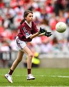 9 July 2022; Tori Molloy, Scoil Clann Naofa, Ballinamore, Leitrim, representing Galway, during the INTO Cumann na mBunscol GAA Respect Exhibition Go Games match during half-time of the GAA Football All-Ireland Senior Championship Semi-Final match between Galway and Derry at Croke Park in Dublin. Photo by Seb Daly/Sportsfile