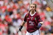 9 July 2022; Sarah Murphy, Scoil Samhthann, Ballinalee, Longford, representing Galway, during the INTO Cumann na mBunscol GAA Respect Exhibition Go Games match during half-time of the GAA Football All-Ireland Senior Championship Semi-Final match between Galway and Derry at Croke Park in Dublin. Photo by Seb Daly/Sportsfile