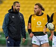 12 July 2022; Ireland head coach Andy Farrell, left, with Finlay Bealham before the match between the Maori All Blacks and Ireland at the Sky Stadium in Wellington, New Zealand. Photo by Brendan Moran/Sportsfile