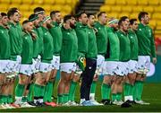 12 July 2022; Ireland players stand for the national anthem before the match between the Maori All Blacks and Ireland at the Sky Stadium in Wellington, New Zealand. Photo by Brendan Moran/Sportsfile