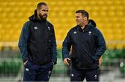 12 July 2022; Ireland head coach Andy Farrell, left, and national scrum coach John Fogarty before the match between the Maori All Blacks and Ireland at the Sky Stadium in Wellington, New Zealand. Photo by Brendan Moran/Sportsfile