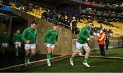 12 July 2022; Ireland players, from left, Niall Scannell, Michael Lowry and Nick Timoney walk onto the pitch before the match between the Maori All Blacks and Ireland at the Sky Stadium in Wellington, New Zealand. Photo by Brendan Moran/Sportsfile Photo by Brendan Moran/Sportsfile