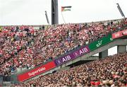 9 July 2022; The flag of Palestine is flown on Hill 16 during the GAA Football All-Ireland Senior Championship Semi-Final match between Derry and Galway at Croke Park in Dublin. Photo by Stephen McCarthy/Sportsfile