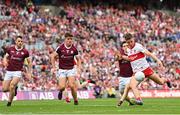9 July 2022; Shane McGuigan of Derry in action against Finnian Ó Laoi of Galway during the GAA Football All-Ireland Senior Championship Semi-Final match between Derry and Galway at Croke Park in Dublin. Photo by Ramsey Cardy/Sportsfile