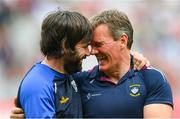 9 July 2022; Westmeath manager Jack Cooney and Cavan selector Ryan McMenamin, left, after the Tailteann Cup Final match between Cavan and Westmeath at Croke Park in Dublin. Photo by Stephen McCarthy/Sportsfile