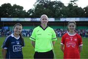 13 July 2022; Aoife Robertson of Dublin, left, with referee Alan Patchell and Grace Cronin of Cork before the 2022 All-Ireland U16 A Final between Cork and Dublin at Cahir GAA Club, Co. Tipperary. Photo by George Tewkesbury/Sportsfile