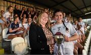 13 July 2022; Trina Murray, Leinster LGFA President and LGFA vice-President, presents the cup to the Kildare captain Zara Hurley after the 2022 All-Ireland U16 B Final between Kildare and Tipperary at Crettyard, Co. Laois. Photo by Ray McManus/Sportsfile