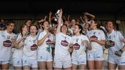 13 July 2022; Kildare captain Zara Hurley, 3, and her team mates with the cup after the 2022 All-Ireland U16 B Final between Kildare and Tipperary at Crettyard, Co. Laois. Photo by Ray McManus/Sportsfile