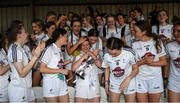 13 July 2022; Kildare captain Zara Hurley, 3, and her team mates with the cup after the 2022 All-Ireland U16 B Final between Kildare and Tipperary at Crettyard, Co. Laois. Photo by Ray McManus/Sportsfile
