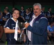 13 July 2022; Robbie Smyth, Munster LGFA President and LGFA vice-President, presents the cup to Dublin captain Aoife Robertson following the 2022 All-Ireland U16 A Final between Cork and Dublin at Cahir GAA Club, Co. Tipperary. Photo by George Tewkesbury/Sportsfile