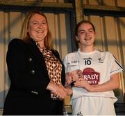 13 July 2022; Aoife Murnane of Kildare receives the player of the match award from Trina Murray, Leinster LGFA President and LGFA vice-President, following the 2022 All-Ireland U16 B Final between Kildare and Tipperary at Crettyard, Co. Laois. Photo by Ray McManus/Sportsfile