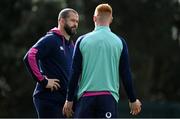 14 July 2022; Head coach Andy Farrell with Ciaran Frawley during Ireland rugby squad training at Jerry Collins Stadium in Porirua, New Zealand. Photo by Brendan Moran/Sportsfile