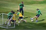 14 July 2022; Simi Singh, right, with teammates during an Ireland men's cricket training session at Malahide Cricket Club in Dublin. Photo by Seb Daly/Sportsfile