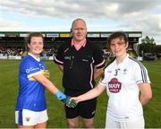 13 July 2022; Referee Justin Murphy and the two captains, Ciara O'Hora of Tipperary and Zara Hurley of Kildare, before the 2022 All-Ireland U16 B Final between Kildare and Tipperary at Crettyard, Co. Laois. Photo by Ray McManus/Sportsfile