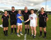 13 July 2022; Referee Justin Murphy and his officials and the two captains,  Ciara O'Hora of Tipperary, left and Zara Hurley  of Kildare, before the 2022 All-Ireland U16 B Final between Kildare and Tipperary at Crettyard, Co. Laois. Photo by Ray McManus/Sportsfile