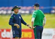 14 July 2022; Ireland head coach Heinrich Malan, left, and Gareth Delany during an Ireland men's cricket training session at Malahide Cricket Club in Dublin. Photo by Seb Daly/Sportsfile