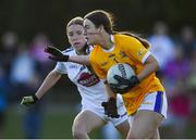13 July 2022; Tipperary goalkeeper Chloe Shorley in action against Emma Walshe of Kildare during the 2022 All-Ireland U16 B Final between Kildare and Tipperary at Crettyard, Co. Laois. Photo by Ray McManus/Sportsfile