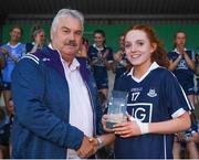 13 July 2022; Siobhán Birnie of Dublin receives the player of the match award from Robbie Smyth, Munster LGFA President and LGFA vice-President,  following the 2022 All-Ireland U16 A Final between Cork and Dublin at Cahir GAA Club, Co. Tipperary. Photo by George Tewkesbury/Sportsfile