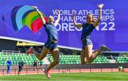 14 July 2022; Ireland mixed 4x400m relay team members Sophie Becker, left, and Sharlene Mawdsley pose for a photograph during the official training session before the World Athletics Championships at Hayward Field in Eugene, Oregon, USA. Photo by Sam Barnes/Sportsfile