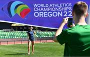 14 July 2022; Jack Raftery of Ireland takes a photo of 4x400m relay team-mate Sophie Becker during the official track training session before the World Athletics Championships at Hayward Field in Eugene, Oregon, USA. Photo by Sam Barnes/Sportsfile
