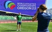 14 July 2022; Sophie Becker of Ireland takes a photo of 4x400m relay team-mate Jack Raftery during the official track training session before the World Athletics Championships at Hayward Field in Eugene, Oregon, USA. Photo by Sam Barnes/Sportsfile