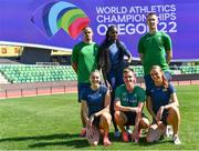14 July 2022; In attendance are the Ireland mixed 4x400m relay team, back row from left, Luke Lennon-Ford, Rhasidat Adeleke, Jack Raftery, and front row from left, Sophie Becker, Chris O'Donnell and Sharlene Mawdsley during the official training session before the World Athletics Championships at Hayward Field in Eugene, Oregon, USA. Photo by Sam Barnes/Sportsfile