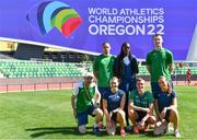 14 July 2022; In attendance are the Ireland coach Drew Harrison, front left, with Ireland mixed 4x400m relay athletes, back row from left, Luke Lennon-Ford, Rhasidat Adeleke, Jack Raftery, and front row from left, Sophie Becker, Chris O'Donnell and Sharlene Mawdsley during the official training session before the World Athletics Championships at Hayward Field in Eugene, Oregon, USA. Photo by Sam Barnes/Sportsfile