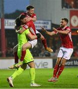 14 July 2022; Sligo Rovers players celebrate with goalkeeper Edward McGinty following the penalty shoot-out of the UEFA Europa Conference League 2022/23 First Qualifying Round Second Leg match between Sligo Rovers and Bala Town at The Showgrounds in Sligo. Photo by Stephen McCarthy/Sportsfile