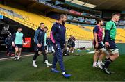 15 July 2022; Ireland players, from left, Robbie Henshaw, Jonathan Sexton, head coach Andy Farrell, Caelan Doris and Joe McCarthy arrive for their captain's run at Sky Stadium in Wellington, New Zealand. Photo by Brendan Moran/Sportsfile