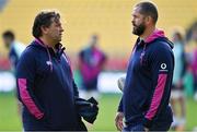15 July 2022; IRFU performance director David Nucifora, left, and head coach Andy Farrell in conversation during the Ireland rugby captain's run at Sky Stadium in Wellington, New Zealand. Photo by Brendan Moran/Sportsfile