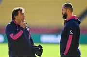 15 July 2022; IRFU performance director David Nucifora, left, and head coach Andy Farrell in conversation during the Ireland rugby captain's run at Sky Stadium in Wellington, New Zealand. Photo by Brendan Moran/Sportsfile