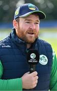 15 July 2022; Paul Stirling of Ireland is interviewed before the Men's One Day International match between Ireland and New Zealand at Malahide Cricket Club in Dublin. Photo by Seb Daly/Sportsfile
