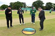 15 July 2022; Presenter Craig McMillan, left, with team captains Tom Latham of New Zealand, Ireland captain Andrew Balbirnie and match referee David Boon during the coin toss before the Men's One Day International match between Ireland and New Zealand at Malahide Cricket Club in Dublin. Photo by Seb Daly/Sportsfile