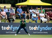 15 July 2022; George Dockrell of Ireland catches New Zealand's Finn Allen in the outfield during the Men's One Day International match between Ireland and New Zealand at Malahide Cricket Club in Dublin. Photo by Seb Daly/Sportsfile
